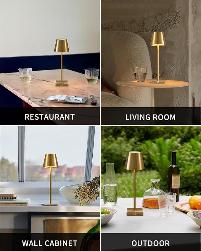 KDG 2 Pack Cordless Table Lamp,Portable LED Desk Lamp, 5000mAh Battery Operated, 3 Color Stepless Dimming Up, for Restaurant/Bedroom/Bars/Outdoor Party/Camping/Coffee Shop Night Light(Gold)