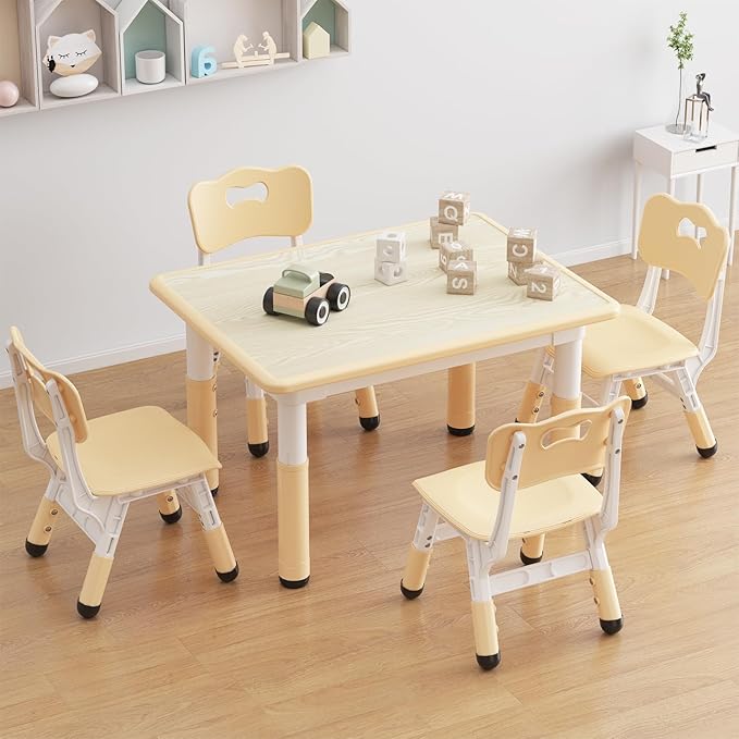 Kids Table and Chair Set, Height Adjustable Toddler Table and 4 Chairs Set for Ages 2-10, Graffiti Desktop, Non-Slip Legs, Arts & Crafts Table, Children Activity Table for Daycare Classroom Home