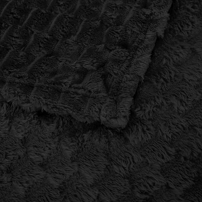 Puncuntex Black Throw Blanket 90"×90" inches Fuzzy 3D Jacquard Decorative Flannel Fleece Super Soft Plush Cozy Blanket for Couch Sofa Chair Lightweight