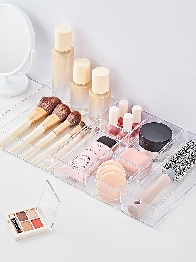 SMARTAKE 25-Piece Drawer Organizer with Non-Slip Silicone Pads, 4-Size Desk Drawer Organizer Trays Storage Tray for Makeup, Jewelries, Utensils in Bedroom Dresser, Office and Kitchen (Clear)