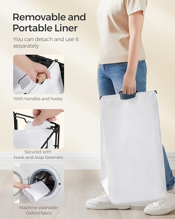 SONGMICS Laundry Hamper, 90L Laundry Basket with Lid, Clothes Hamper with Wheels, Collapsible Removable Liner Bag, Iron-Made Laundry Sorter, Ink Black and Cloud White ULCB290B12