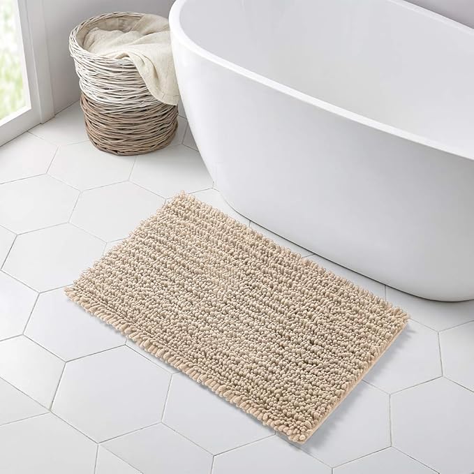 Walensee Bathroom Rug Non Slip Bath Mat (32x20 Inch Beige) Water Absorbent Super Soft Shaggy Chenille Machine Washable Dry Extra Thick Perfect Absorbant Best Large Plush Carpet for Shower Floor