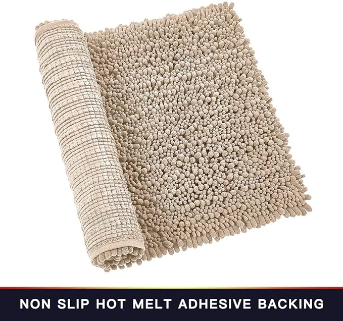 Walensee Large Bathroom Rug Non Slip Bath Mat (24x60 Inch Beige) Water Absorbent Super Soft Shaggy Chenille Machine Washable Dry Extra Thick Perfect Absorbant Best Plush Carpet for Shower Floor