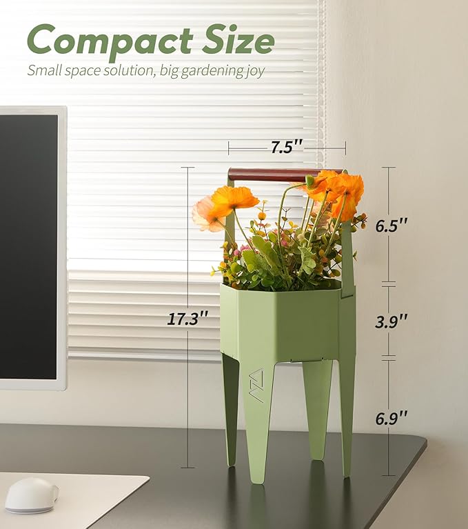 Planter with Stand, Metal 2 in 1 Portable Planter with Grow Bags & Handle, Stable Stylish Indoor Plant Pots with Stand, Modern Flower Pots Outdoor, 7.5'' x 17.3'', Green, Plant Not Included