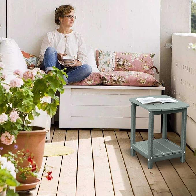 Adirondack Square Outdoor Side Table,2-Tier Storage Patio Side Table, HDPE End Tables for Backyard Pool Porch Garden Lawn LightGrey