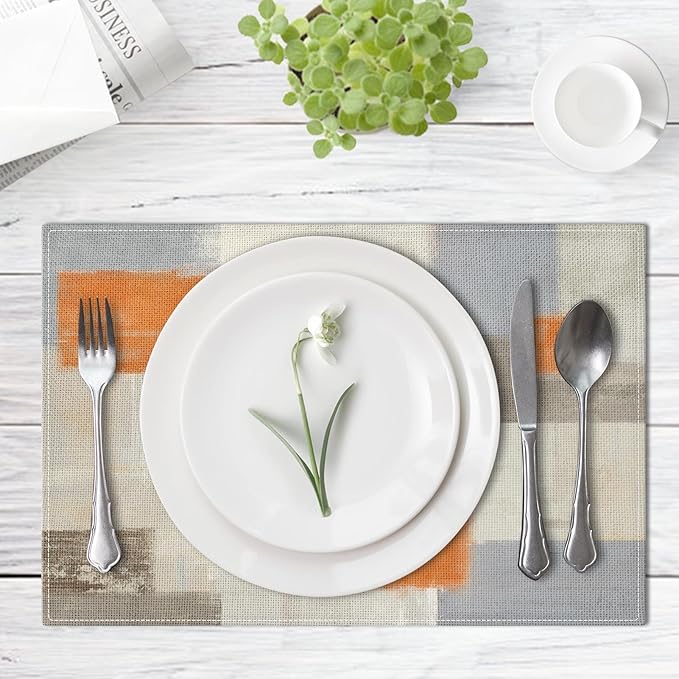 Emvency Farmhouse Placemats Set of 4, Vintage Orange and Grey Art Painting 12x18 Inch Abstract BeigeTable Mats for Outdoor Home Party Kitchen Dining Decoration