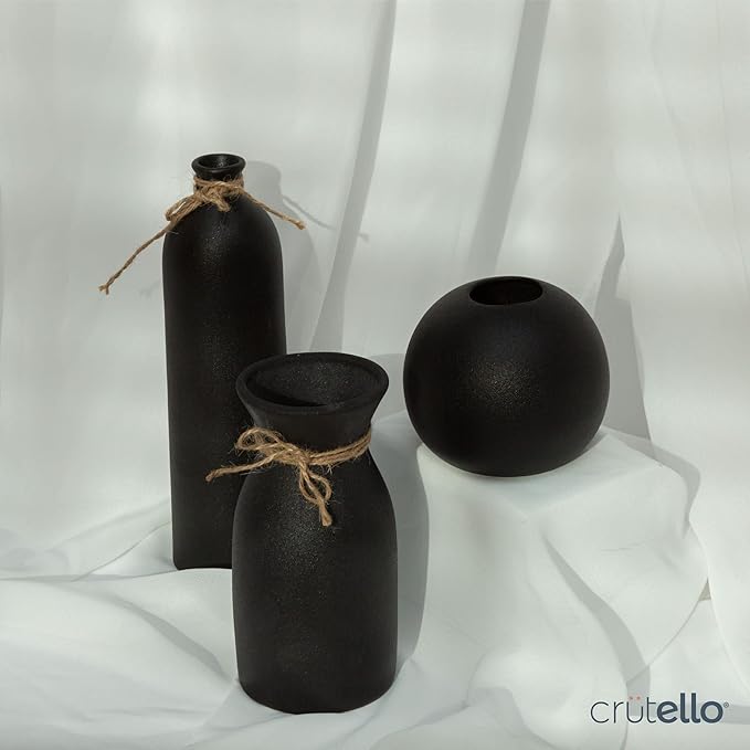 Crutello Ceramic Vase Set - 3 Black Textured Vases - Rustic Vase Set, Perfect Home Decor for Mantles, Bookshelves, Tables, Entryways