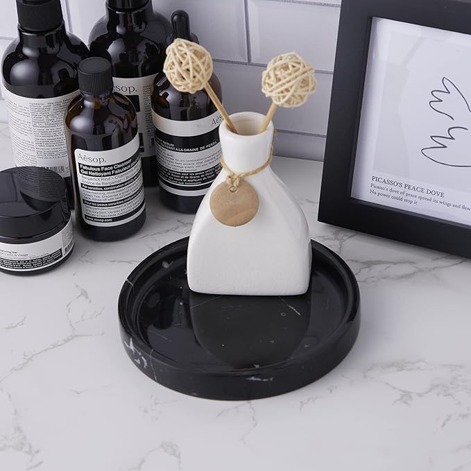 100% Carved Marble Round Vanity Tray 5.5'', for Kitchen Bathroom Countertop, Nightstand Decor, Candle Holder, Jewelry Rind Dish, Trinket Plate, Table Accents, Black