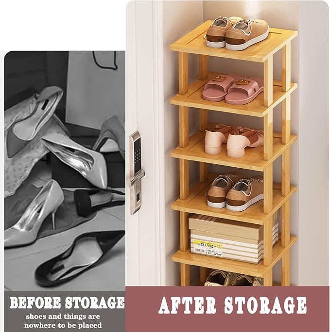 Bamboo Shoe Rack - Vertical Shoe Rack for Small Spaces, Tall Narrow Shoe Rack Organizer for Closet Entryway Corner Garage and Bedroom,Skinny Shoe Shelf Free Stackable DIY - Space Saving Storage
