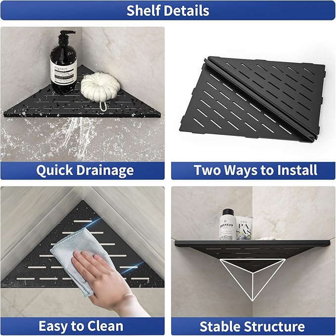 Corner Shower Shelf, 12" Matte Black 304 Stainless Steel Slot Design Recessed Corner Shelves 2 Pack Bathroom Shelf Rack for Tiled Wall, Large Size