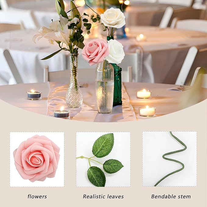 200PCS Artificial Flowers Champagne Mixed Series Roses Real Looking Foam Fake Roses with Leaves for DIY Wedding Bouquets Bridal Shower Centerpieces Party Decorations