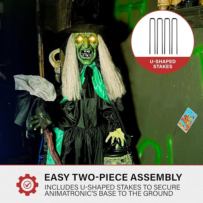 Haunted Hill Farm Lifesize Scary Talking Witch Prop with Cauldron and Broom with Touch Activated Lights and Sound, Battery-Operated Indoor or Covered Outdoor Halloween Decoration