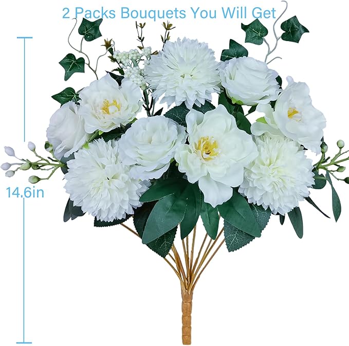 Premium Artificial Flowers, White Silk Flower Bouquets, Ivory Fake Flowers Decoration, Faux Floral Arrangements for Wedding Bridal Bouquets, Home Decor, Baby Shower, Table Centerpieces