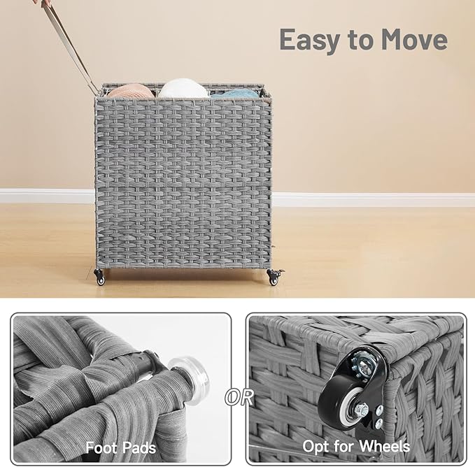 Laundry Hamper with Wheels, 39.6 Gallon(150L) Rolling Laundry Basket with Lid, 3-Section Rattan Clothes Hamper with 3 Removable Liner & 3 Mesh Bags, Laundry Sorter with Side Pocket, Grey