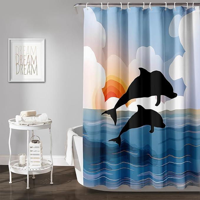 AILONEN Cartoon Dolphin Shower Curtain,Jumping Dolphin Bathroom Curtains for Kids,Girls,Sunset by The Sea Theme Shower Curtains Set with Hooks for Bathroom,60" W*72" H