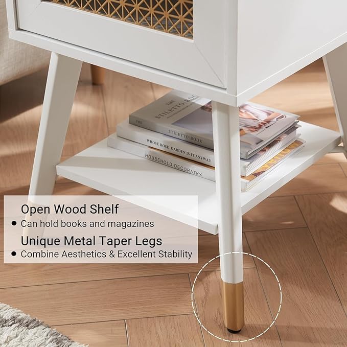 Mid Century Modern End Table Set of 2, Side Table with Charging Station - Small Nightstand with USB Ports & Outlets, Storage Drawer & Open Shelf, White Wood Furniture for Living Room, Bedroom, Office