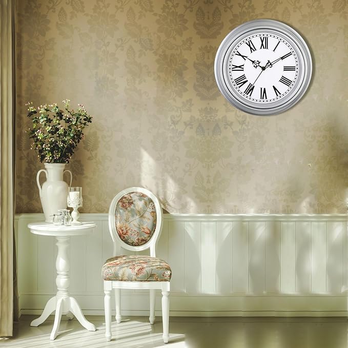 Plumeet Retro Wall Clock, 12'' Non Ticking Classic Silent Vintage Wall Clocks Decorative Kitchen Living Room Bedroom, Roman Numerals, Battery Operated, Silver