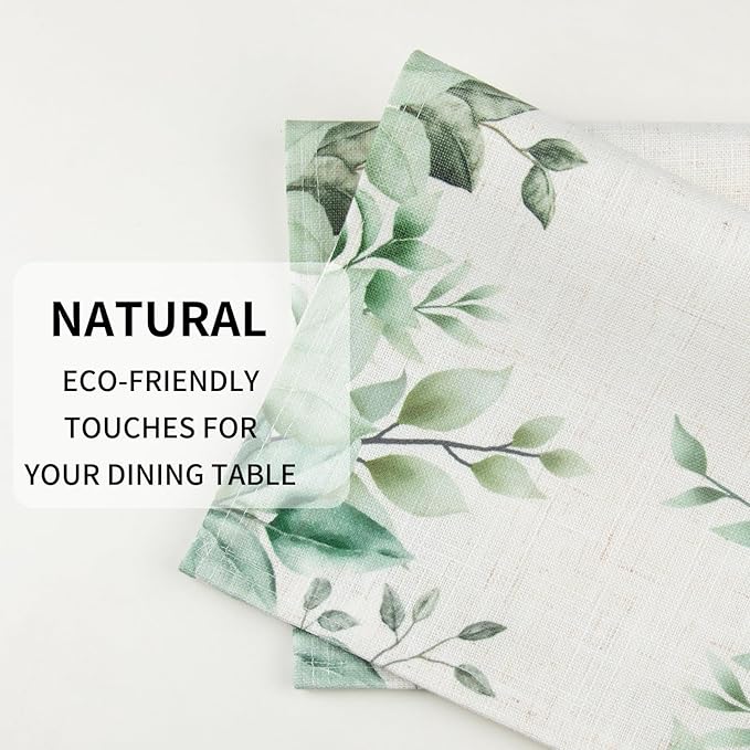 QIYI Boho Placemats Set of 4, 12x18 Inch Linen Fabric Place Mats for Kitchen Dinning, Farmhouse Rustic Cloth Table Mats, Washable Placemat Watercolor Foliage Party Table Décor, Green Leaves Border
