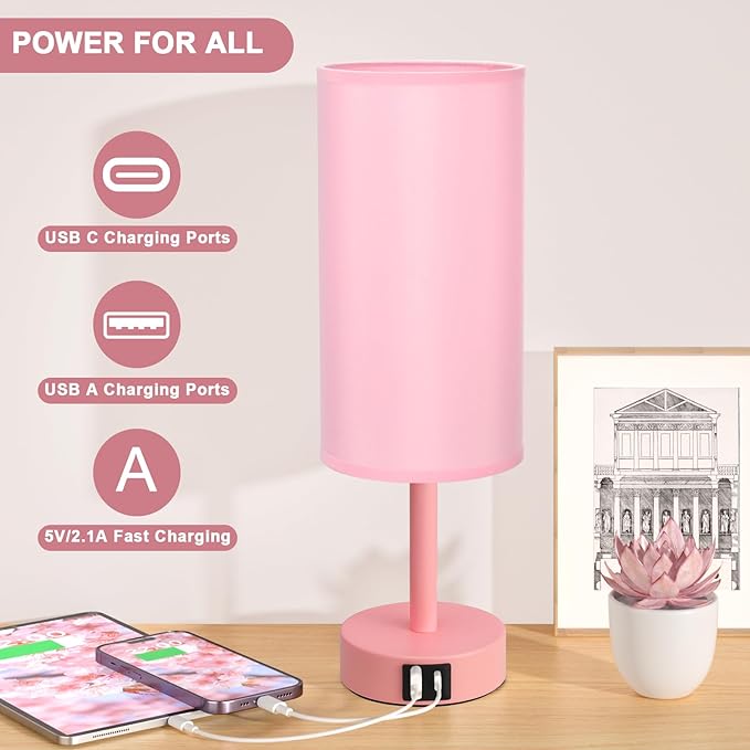 Hong-in Pink Table Lamp with USB-C and USB-A Charging Ports, Pull Chain, Nightstand Lamp for Bedrooms Living Room, LED Bulb Included