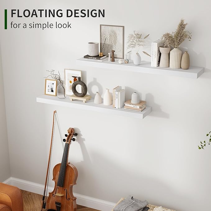 Marsmiles Wood Floating Shelves for Wall Set of 2, 36 Inch Wide Rustic Wooden Floating Shelves, Invisible Wall Mounted Display for Living Room Bedroom Kitchen Bathroom Office, Black