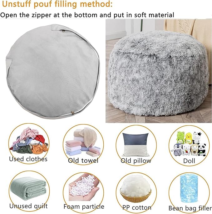 Asuprui Grey Ottoman Foot Rest NO Filler Pouf Ottoman Unstuffed 20x20x12 Inches Round Pouf Seat Bean Bag Chair Foldable Floor Chair Storage for Living Room Bedroom Cover ONLY