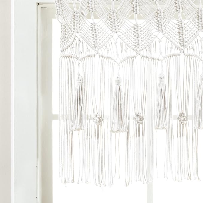 Lush Decor Boho Macrame Tassel Cotton Valance/Kitchen Curtain/Wall Decor, 30" L x 40" W, White