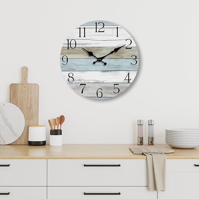 HYLANDA Wall Clock, 14 Inch Wall Clocks Battery Operated Silent Non Ticking, Large Wooden Clocks Decorative for Kitchen, Bathroom, Bedroom, Living Room Blue White