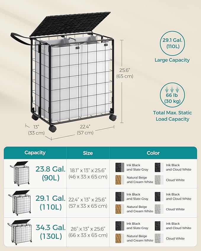SONGMICS Laundry Hamper, 110L Laundry Basket with Lid, Clothes Hamper with Wheels, Collapsible Removable Liner Bag, Iron-Made Laundry Sorter, Ink Black and Cloud White ULCB211B12