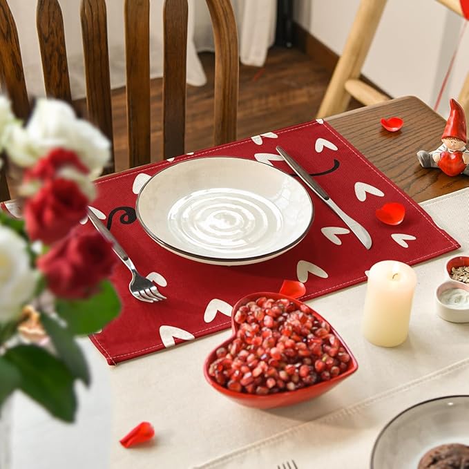 Artoid Mode Red Love Placemats Set of 6, 12x18 Inch Seasonal Anniversary Holiday Table Mats for Party Kitchen Dining Decoration