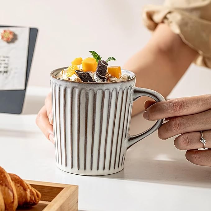 13oz Vintage Ceramic Coffee Mugs,Embossment Mugs,Tea Cups with Handle for Office and Home, Coffee Cups for Men and Women, Dishwasher and Microwave Safe. (Grey)