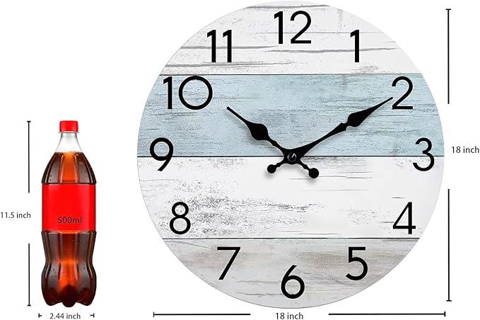 Wall Clock Silent Non-Ticking Wooden Clocks Battery Operated 18 Inch Small Country Retro Rustic and Beach Style Decorative for Living Room, Kitchen, Home,Bathroom, Bedroom (Blue)