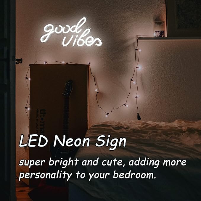 Good Vibes Neon Sign, LED Neon Signs for Wall Decor, White Neon Lights for Bedroom & Party Art Decor, USB Powered Bright Neon Light for Lover, Friends
