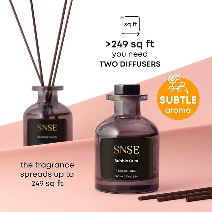 SNSE Bubble Gum Reed Diffuser Set | 3.38 oz Scent Fragrance Oil Diffuser for Bedroom, Bathroom, Home Décor and Gift, Decorative Air Fresheners with Sticks