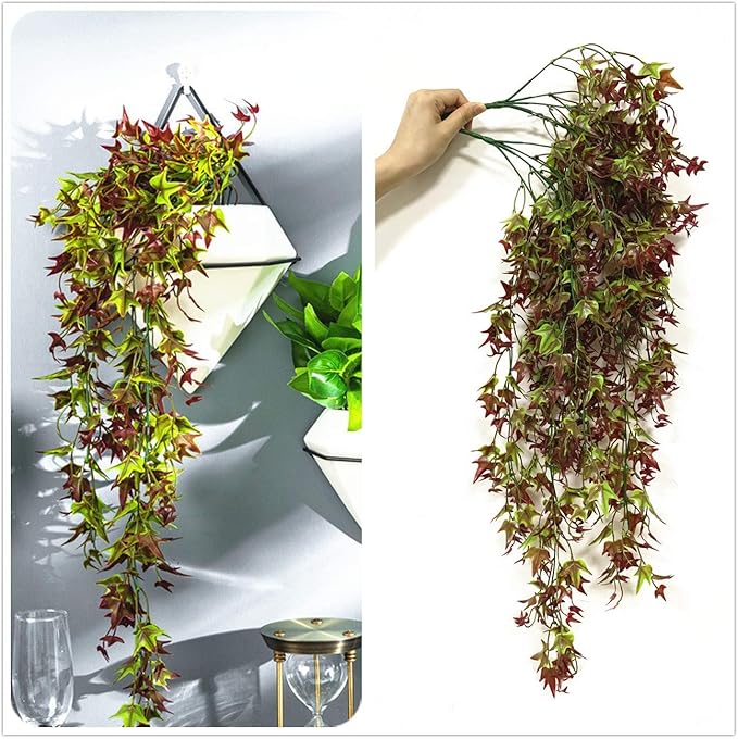 Artificial Hanging Vine Plants for Outdoor Decor, Plastic Ivy Garland Fake Vines Grass Greenery Home Garden Window Box Indoor Party UV Resistant Wedding Wall Decoration Decorations- Red 4 Bundles