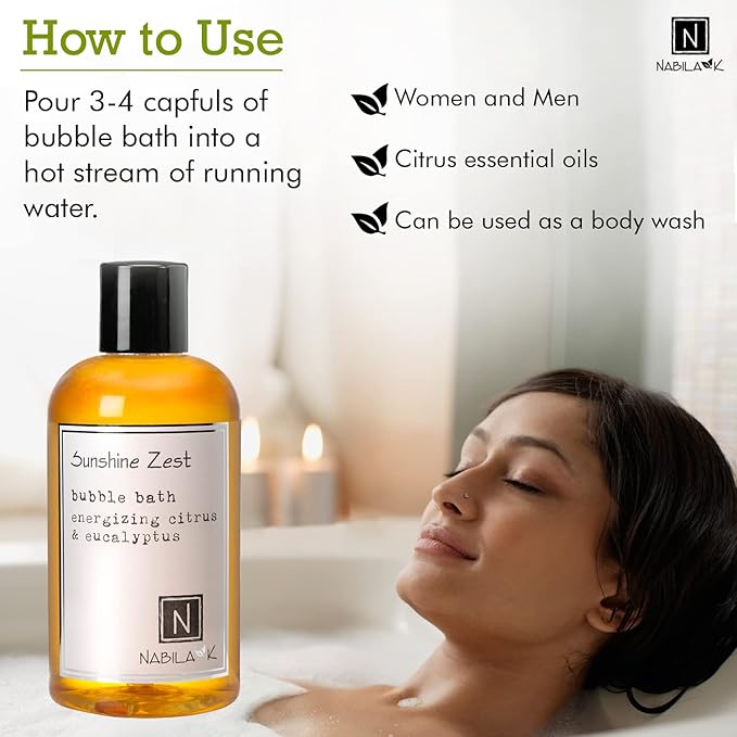 Sunshine Zest Bubble Bath with Citrus & Eucalyptus Scent by Nabila K - Essential Oils with Natural Ingredients for Sensitive Skin, Tear-Free, Gentle, Moisturizing - Luxury for Women & Men, 8 oz