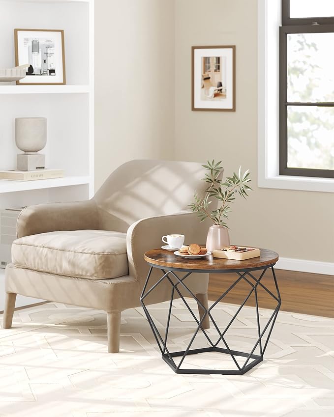 VASAGLE Small Coffee Table Set of 2, Round Coffee Table with Steel Frame, Side End Table for Living Room, Bedroom, Office, Rustic Brown and Ink Black