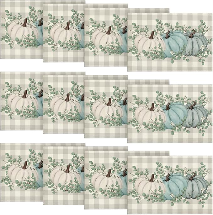 Artoid Mode Buffalo Plaid Eucalyptus Pumpkins Leaves Fall Placemats Set of 12,12x18 Inch Autumn Table Mats for Party Kitchen Dining Decoration