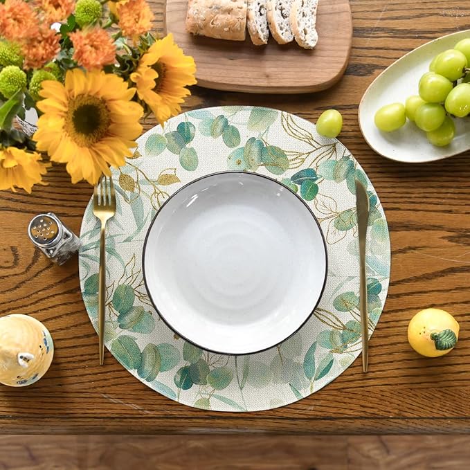 Artoid Mode Eucalyptus Summer Round Placemats Set of 4, 15 Inch Summer Round Table Mats for Dining Decoration