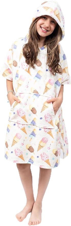 Cotton/Microfiber Kids Surf Poncho, Wetsuit Changing Towel Bath Robe with Hood and Pocket for Ages 3-7 and 8-12 (Ice Creams, 3-7 Years)
