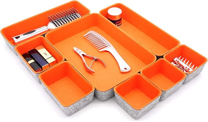 Welaxy desk drawer organizers bin trays dividers small shallow felt storage box soft sturdy office suppliers closet cabinet makeup crafts pens 8-piece back to school (Orange)