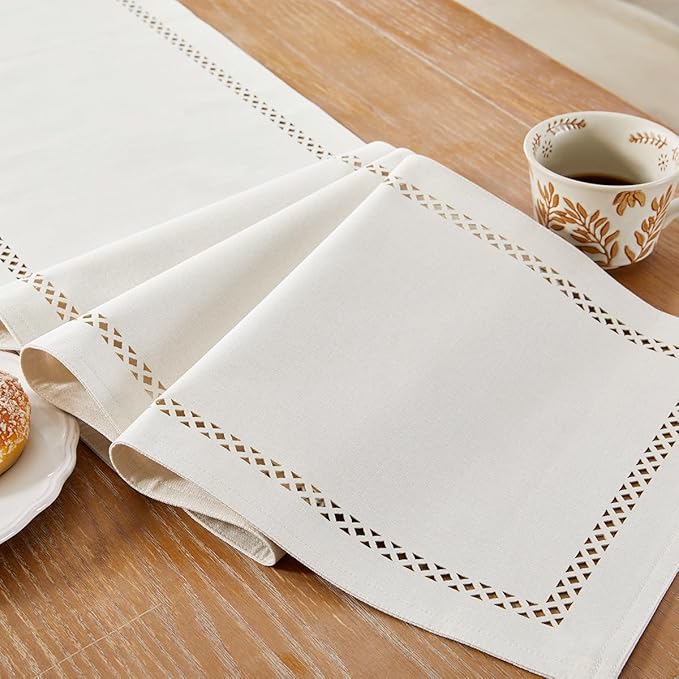 Burlap Style Farmhouse Table Runner, 13 x 90 Inch Off White, Rustic Geometric Hollow Table Runners 90 Inches Long for Dresser Table Everyday Use, 13x90 Inches, Off White