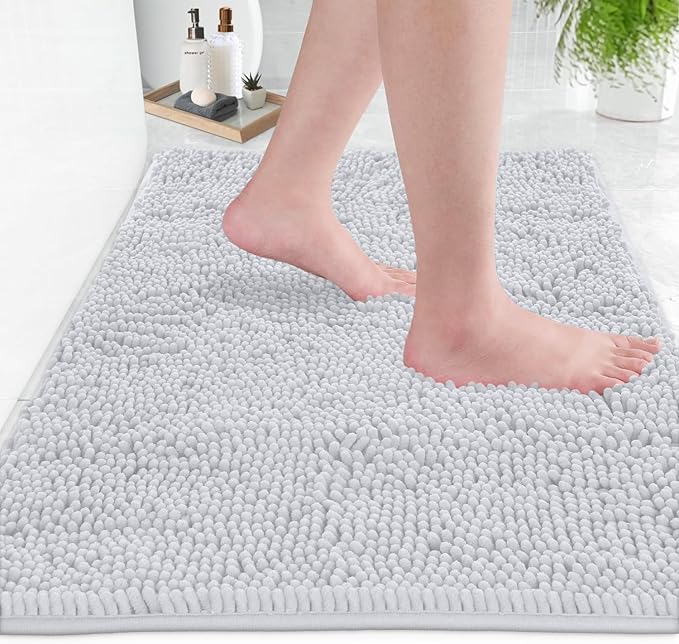LuxUrux 2 Piece Bathroom Rug Set - Premium Plush Bath Mat Shower Rugs, 1" Chenille Microfiber, Non-Slip & Absorbent, Soft & Cozy, Durable Stylish (20x30 & 16x24 inches, White)