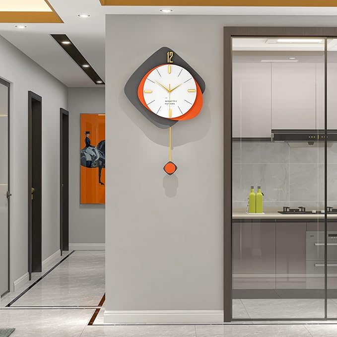 FLEBLE Modern Large Wall Clocks for Living Room Decor Wood Silent Decoration Wall Clock Pendulum Battery Operated Non-Ticking for Kitchen Bedroom Office Home 16 inch Clock Wall Decor for Indoor House