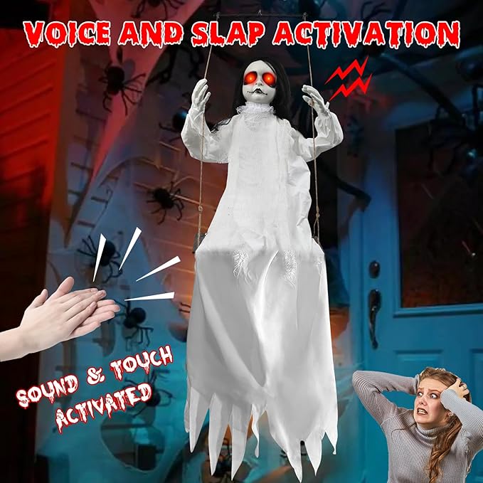 Scary Halloween Decorations Outdoor Hanging Swinging Girl with Sound & Slap Activated, Light Up Eyes Creepy Sound Expressions, Large Scary Halloween Decor Props for Indoor Outside