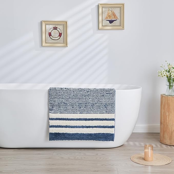 CozeCube Blue Striped Bath mats for Bathroom Non Slip, Fluffy Absorbent Microfiber Bath mat Washable, Aesthetic Bathroom Rugs, Cute Bath mat for Sink, 20" x 32"