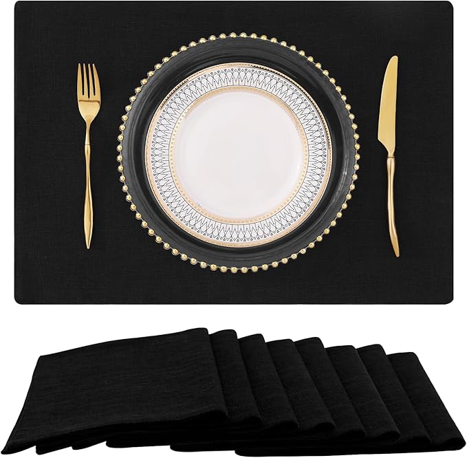 homing Black Cloth Placemats for Dining Table Set of 8 – Cotton Linen Blend Washable Farmhouse Kitchen Mats for Indoors & Outdoors - Easy to Clean 13 x 19 Inch