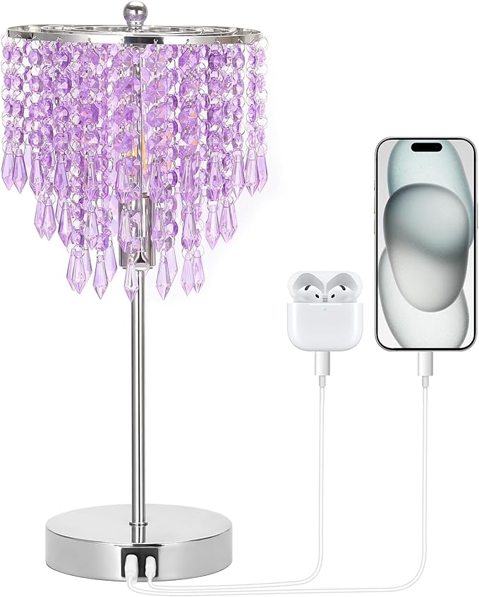 USB Bedside Crystal Lamp, 3 Way Dimmable Touch Nightstand Lamp with Dual USB Charging Ports, Lavender Table Lamp Decorative Accent Lamp Silver for Bedroom, Living Room, Office, B11 LED Bulb Included