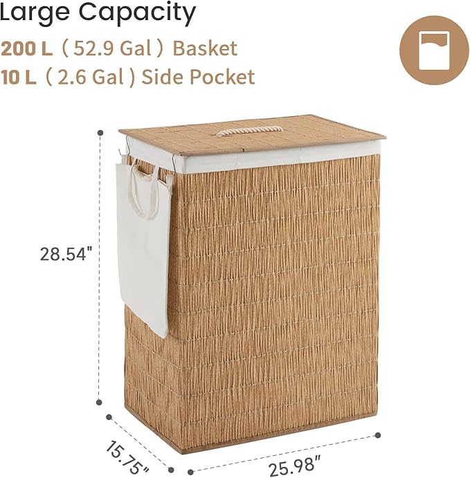 Laundry Hamper with Lid, 55.5 Gallon (210L), Large Handwoven Rattan Laundry Basket, 3 Section Clothes Hamper with Handles, 2 Removable Liner and Side Pocket, Natural