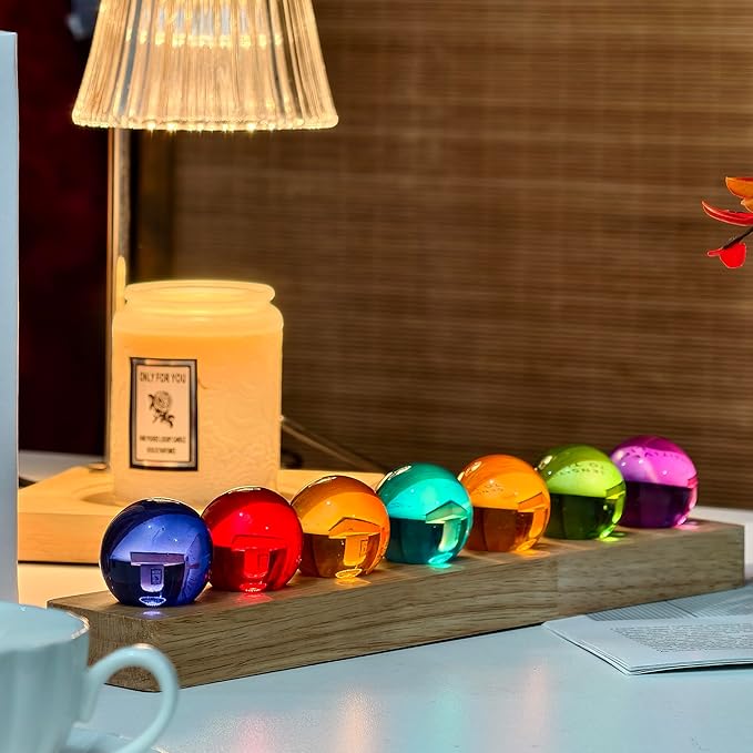 7pcs 40mm Multicolor Crystal Solid Ball Glass Spheres with LED Wooden Base Night Light Decoration Healing Sphere Balls with Stand for Home Living Room - Decorative Balls for Dinner Party Centerpiece