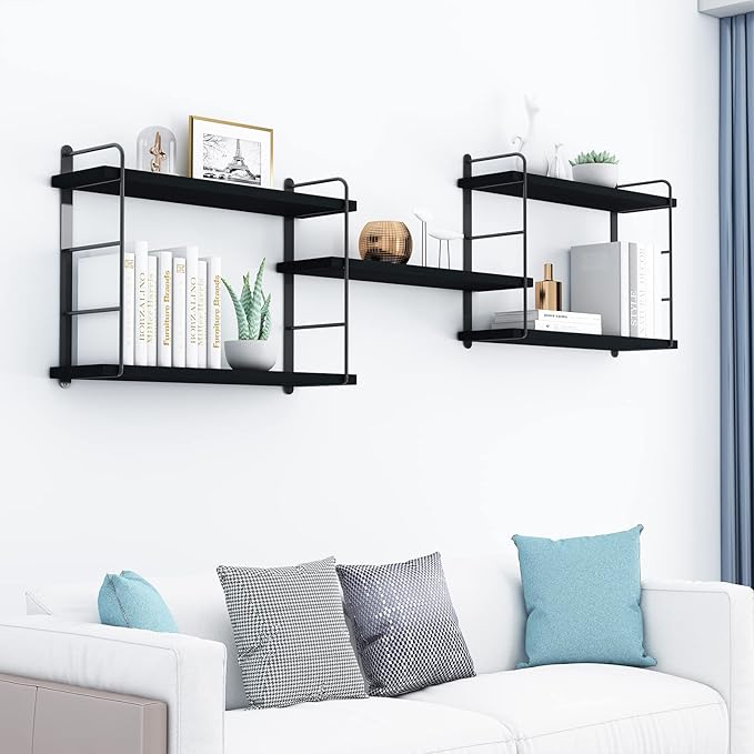 Wall Mounted Floating Shelves, Wall Shelves, Rustic Wall Decor Wood Shelves for Bedroom, Living Room, Bathroom and Kitchen Storage, Easy Installation (5, Black)